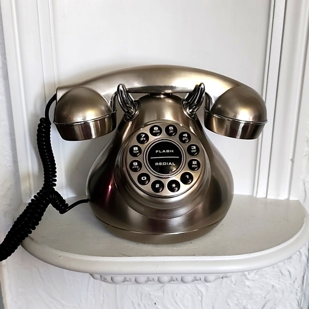 50's Monster Phone Silver Brush Metal Reproduction Retro Telephone Polyc…